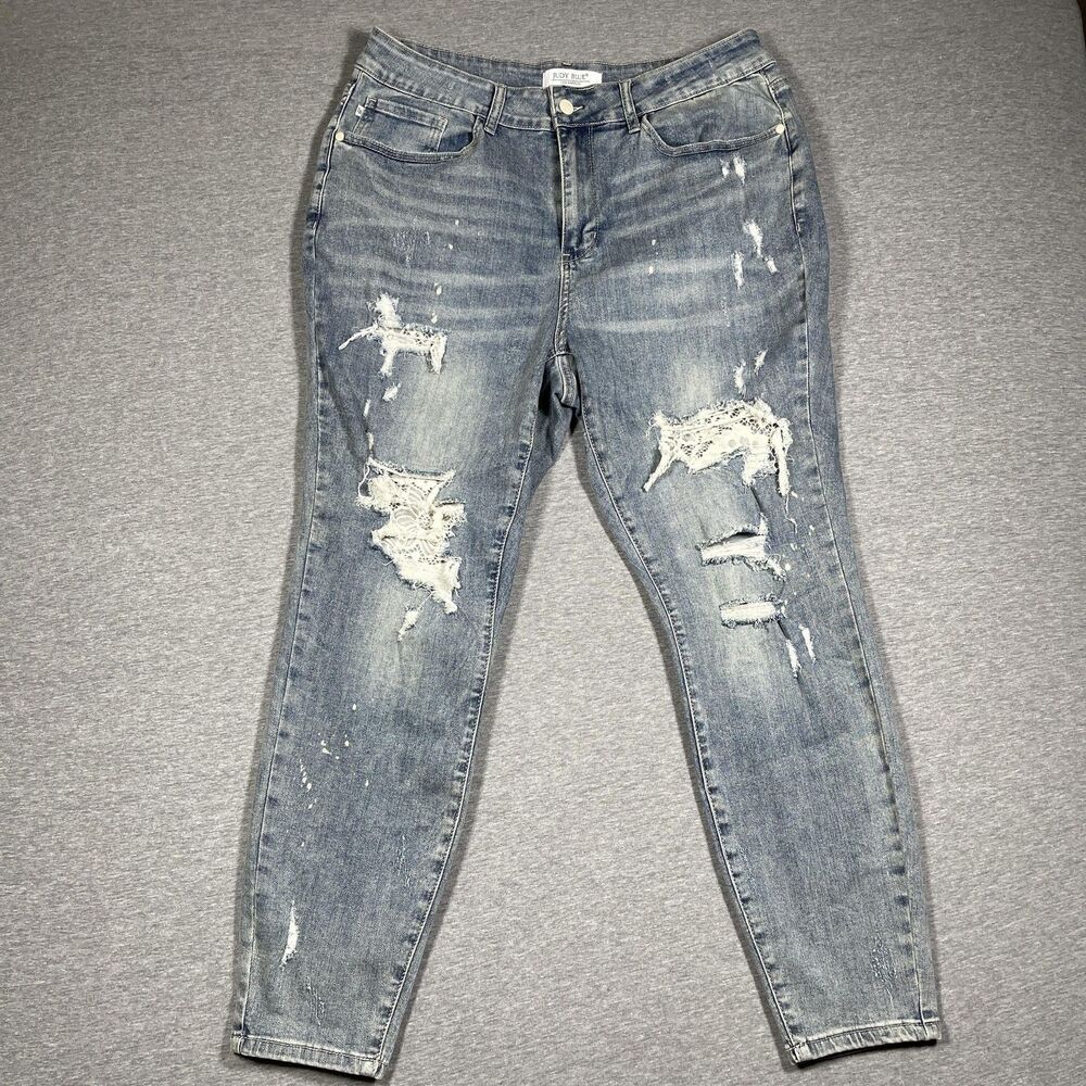 Judy Blue Jeans Womens 18W Blue Skinny Distressed Lace Logo Denim